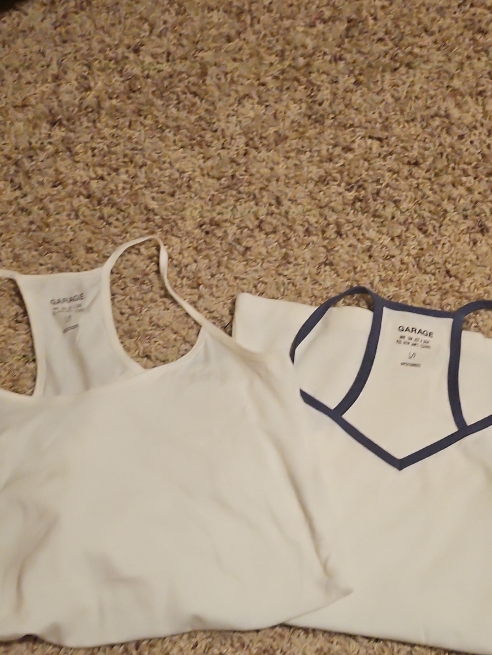 Garage White Tank Tops with Navy Trim Accent